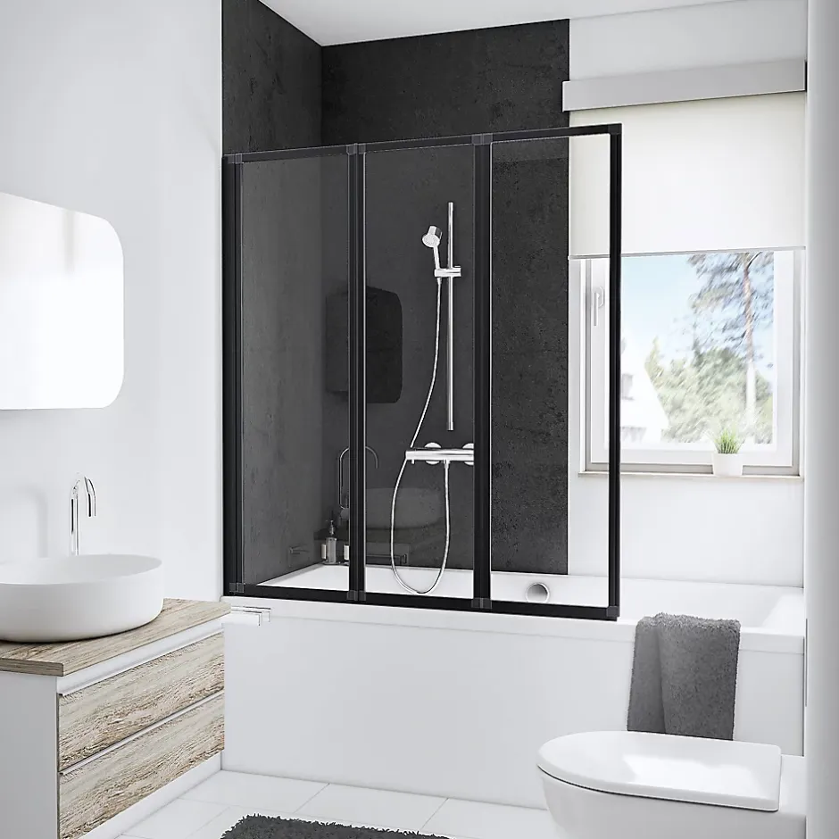 Schulte Pare-baignoire à coller pivotant 3 volets pliables, 127 x 140 cm, style verrière industrielle, verre transparent 3mm, profilé noir mat, Golf* Pare-Baignoire