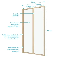 Galedo Pare-baignoire 2 volets pivotants 120 x 70 cm, profilés alu doré brossé, Duo