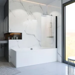 Schulte Pare-baignoire 80 x 140 cm , 1 volet pivotant, verre transparent rainuré, profilé noir