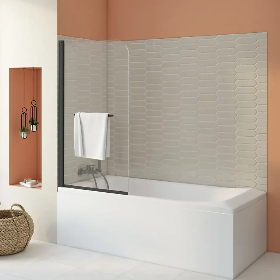 Allibert Pare-baignoire avec volet pivotant design 80x140 cm aluminium noir mat verre 6 mm - Gena