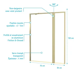 Galedo Pare-baignoire fixe avec volet pivotant 130+30 x 70 cm, profilés alu doré brossé, Golden Edge