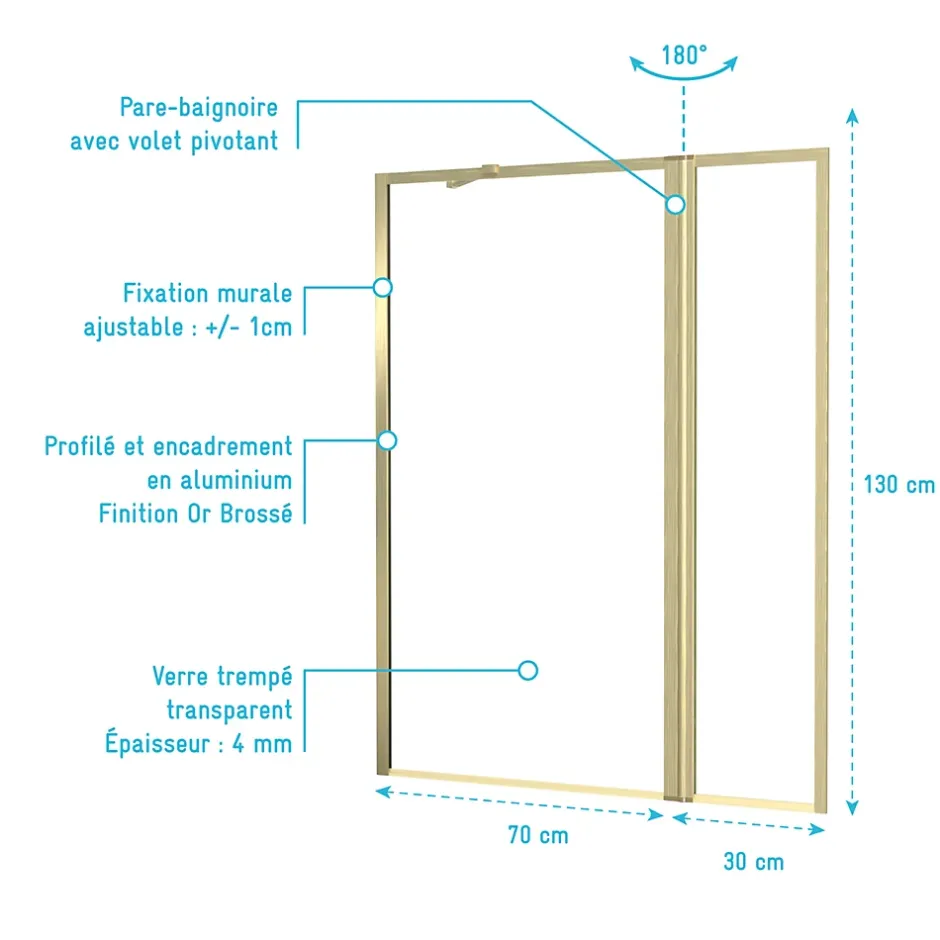 Galedo Pare-baignoire fixe avec volet pivotant 130+30 x 70 cm, profilés alu doré brossé, Golden Edge