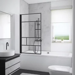Schulte Pare-baignoire pivotant 1 volet, 80 x 140 cm, style verrière industrielle, verre transparent anticalcaire 5 mm, profilé noir mat, Atelier* Pare-Baignoire
