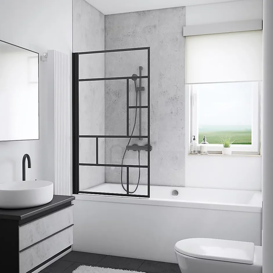 Schulte Pare-baignoire pivotant 1 volet, 80 x 140 cm, style verrière industrielle, verre transparent anticalcaire 5 mm, profilé noir mat, Atelier* Pare-Baignoire