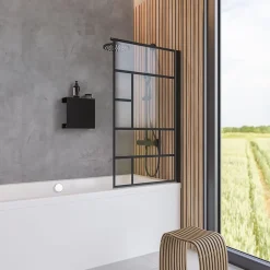 Schulte Pare-baignoire pivotant 1 volet, 80 x 140 cm, style verrière industrielle, verre transparent anticalcaire 5 mm, profilé noir mat, Atelier* Pare-Baignoire