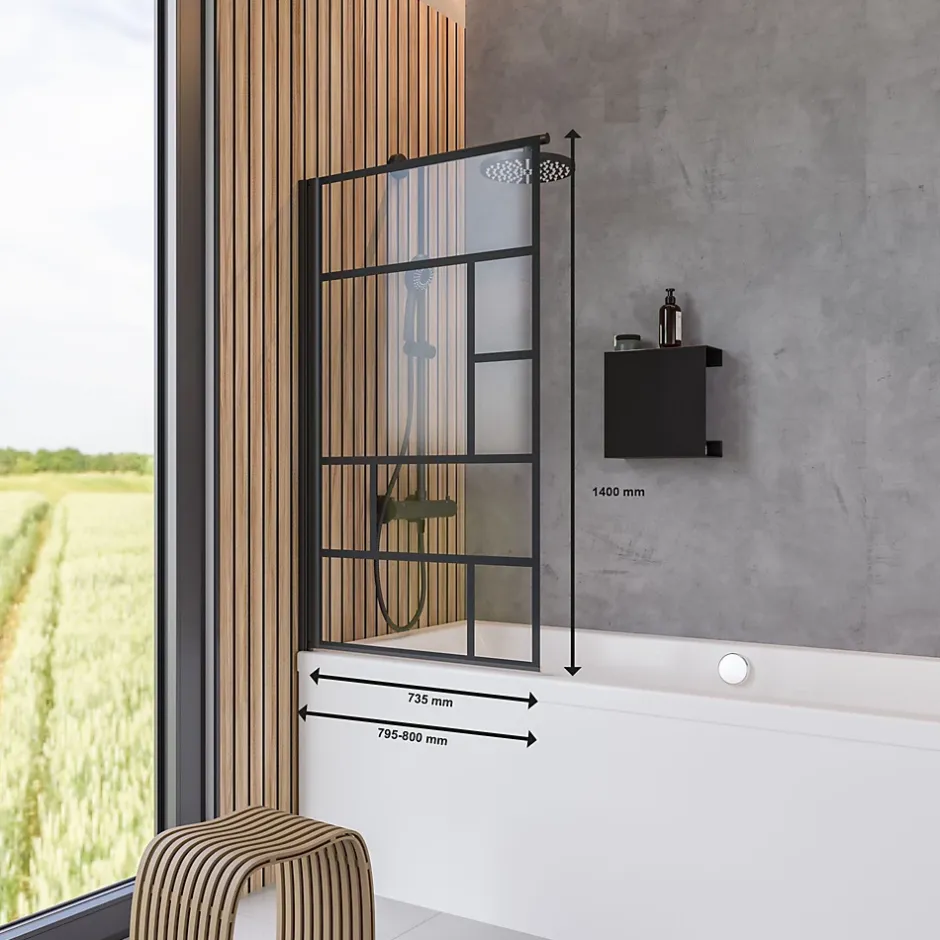 Schulte Pare-baignoire pivotant 1 volet, 80 x 140 cm, style verrière industrielle, verre transparent anticalcaire 5 mm, profilé noir mat, Atelier* Pare-Baignoire