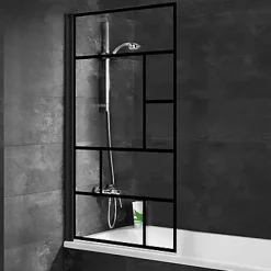 Schulte Pare-baignoire pivotant 1 volet, 80 x 140 cm, style verrière industrielle, verre transparent anticalcaire 5 mm, profilé noir mat, Atelier* Pare-Baignoire