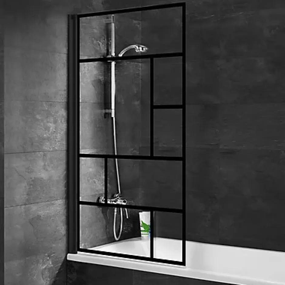 Schulte Pare-baignoire pivotant 1 volet, 80 x 140 cm, style verrière industrielle, verre transparent anticalcaire 5 mm, profilé noir mat, Atelier* Pare-Baignoire