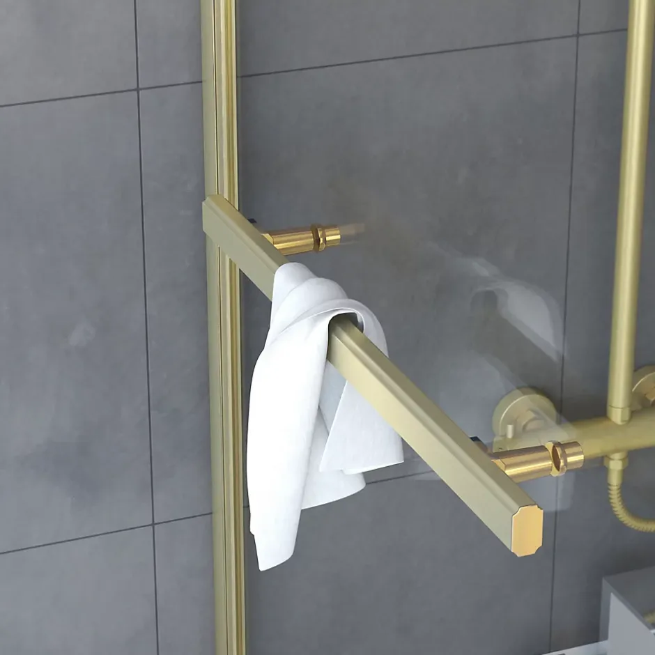 Galedo Pare-baignoire pivotant 150 x 85 cm, profilés alu doré brossé, porte-serviette, Prime* Pare-Baignoire