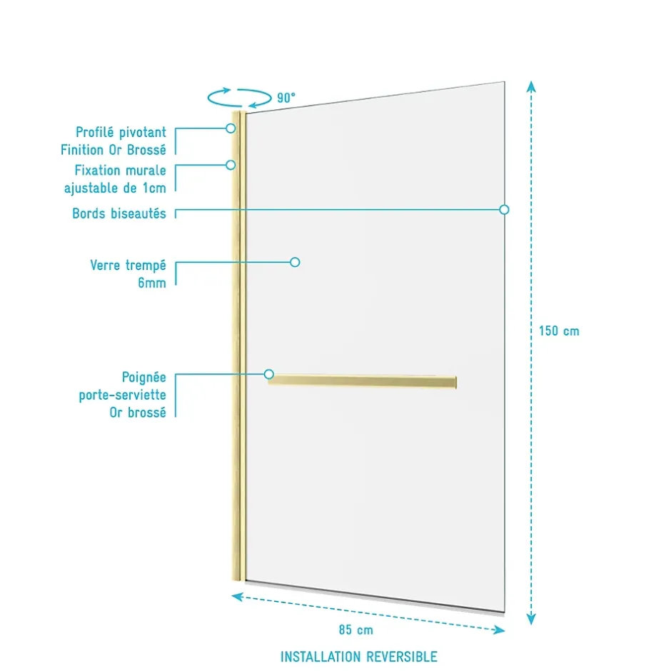 Galedo Pare-baignoire pivotant 150 x 85 cm, profilés alu doré brossé, porte-serviette, Prime* Pare-Baignoire