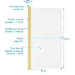 Galedo Pare-baignoire rabattable 140 x 80 cm, profilés alu doré, verre ondulé, Wave* Pare-Baignoire