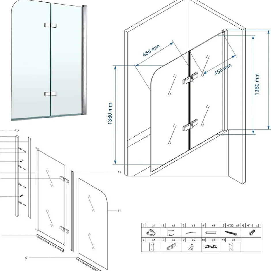 Saniverre Pare-baignoire rabattable BALY en verre 6 mm transparent 100 x 140 cm* Pare-Baignoire