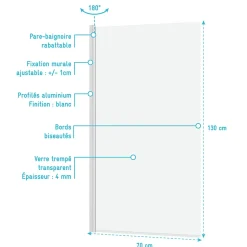 Galedo Pare-baignoire rabattable 130 x 70 cm, profilés alu blanc mat, Essentiel* Pare-Baignoire