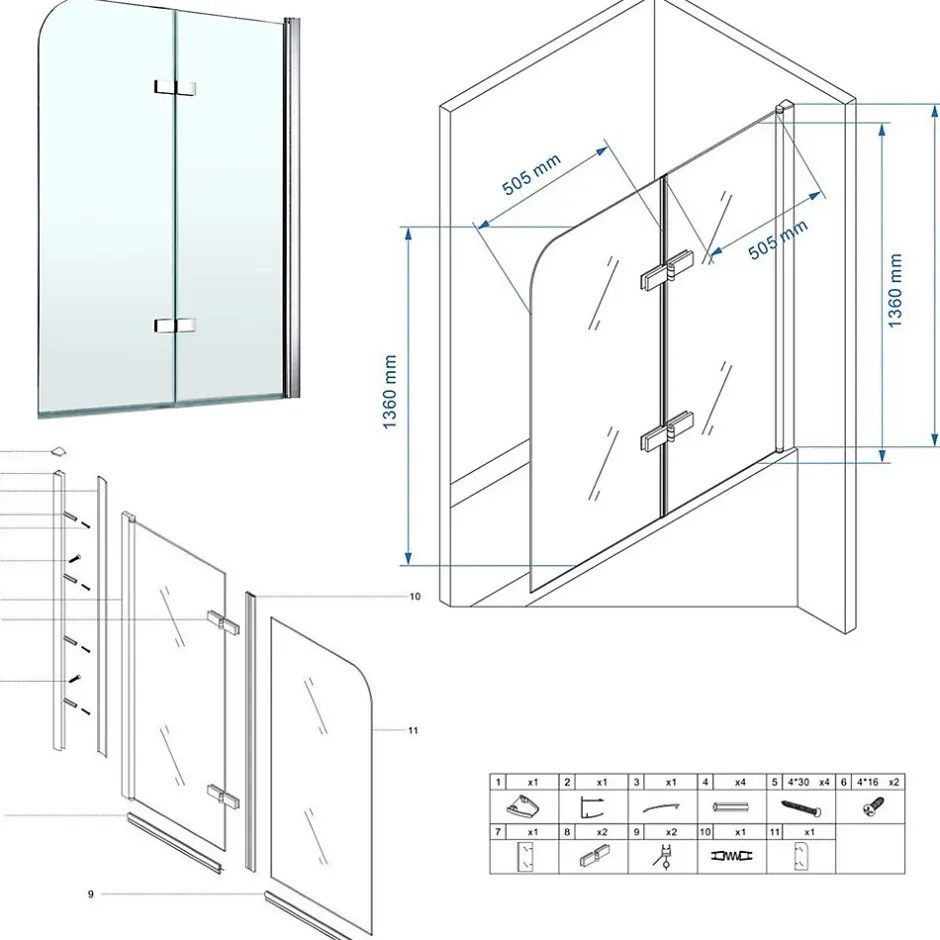 Saniverre Pare-baignoire rabattable BALY en verre 6 mm transparent 110 x 140 cm