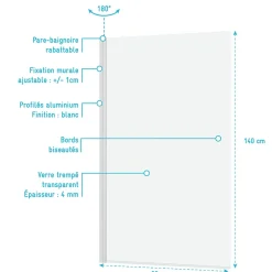 Galedo Pare-baignoire rabattable 140 x 80 cm, profilés alu blanc mat, Essentiel* Pare-Baignoire