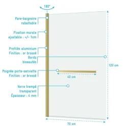 Galedo Pare-baignoire rabattable 120 x 70 cm, profilés alu doré brossé, porte-serviette, Essentiel* Pare-Baignoire