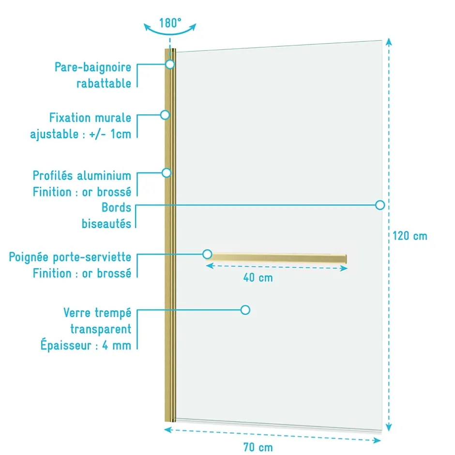 Galedo Pare-baignoire rabattable 120 x 70 cm, profilés alu doré brossé, porte-serviette, Essentiel* Pare-Baignoire