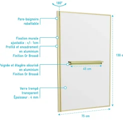 Galedo Pare-baignoire rabattable 130 x 75 cm, profilés alu doré brossé, porte-serviette/étagère, Golden Edge