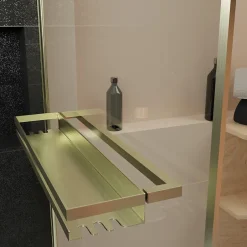 Galedo Pare-baignoire rabattable 130 x 75 cm, profilés alu doré brossé, porte-serviette/étagère, Golden Edge