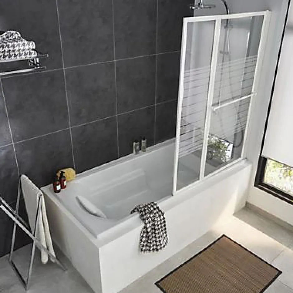 Atmo Pare-baignoire relevable 2 volets profilés blanc 140 x 104 cm Ecume
