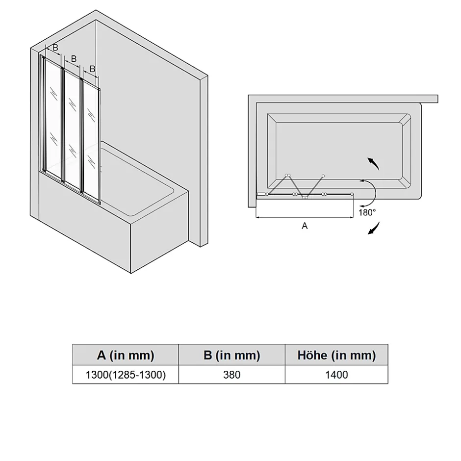 Sirhona Pare-Baignoire 1300x1400mm Ecran de Baignoire 3 Volets + 4mm Verre Transparent + Double Construction en Aluminium* Pare-Baignoire