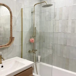 Essebagno Pare-baignoire 80x140 cm verre anticalcaire 6mm fixe en aluminium Or brossé