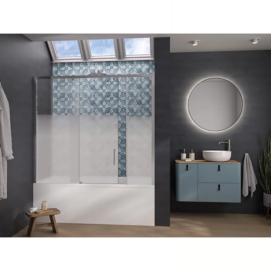 Kinedo Pare-bain Smart Design Pegasus coulissant pose entre 2 murs 180x148 chromé verre sérigraphié cosmos partie fixe à gauche