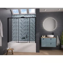 Kinedo Pare-bain Smart Design Pegasus coulissant pose entre 2 murs 180x148 gris noir grainé verre transparent partie fixe à gauche