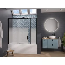 Kinedo Pare-bain Smart Design Pegasus coulissant pose entre 2 murs 180x148 gris noir grainé verre sérigraphié partie fixe à gauche