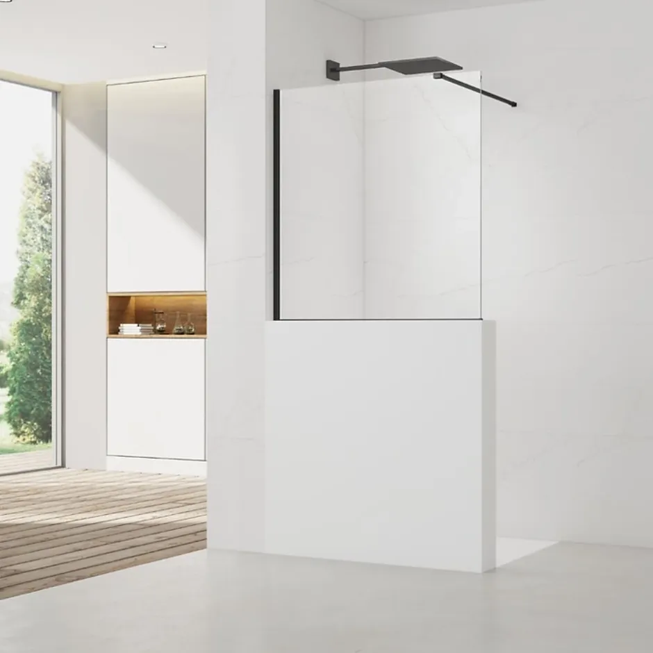 Swiss Aqua Technologies Pare-muret 100x90cm Paroi en verre Crystal Glass 8 mm anticalcaire, avec bras et profilés noir mat (SATBWIS90PRC)