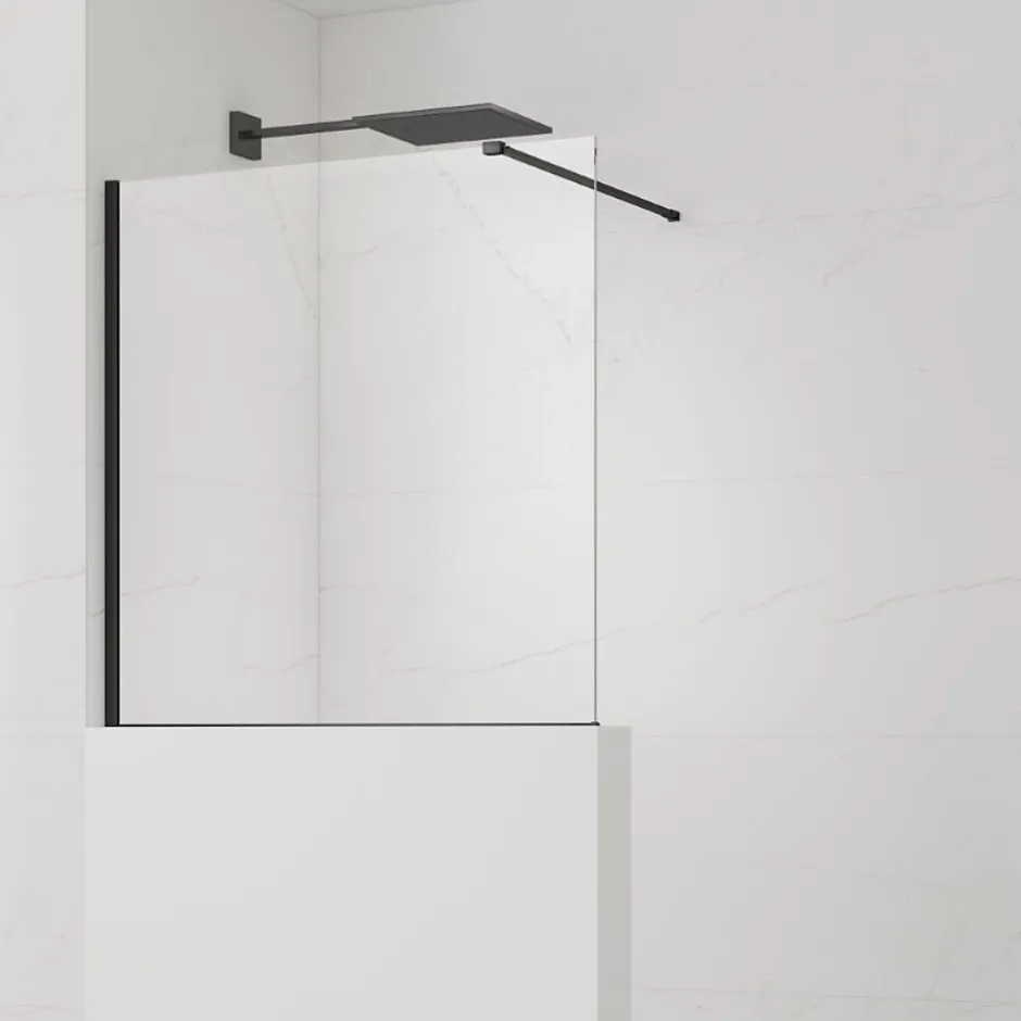 Swiss Aqua Technologies Pare-muret 100x90cm Paroi en verre Crystal Glass 8 mm anticalcaire, avec bras et profilés noir mat (SATBWIS90PRC)
