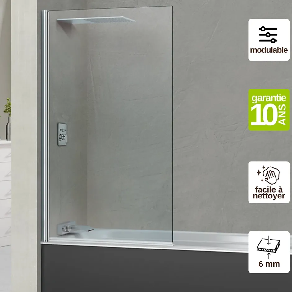 Superban Paroi de baignoire fixe + pivotant gauche en verre sécurité ép 6mm anti calcaire, L85 x H147 cm, chrome, Alsace Sport* Pare-Baignoire