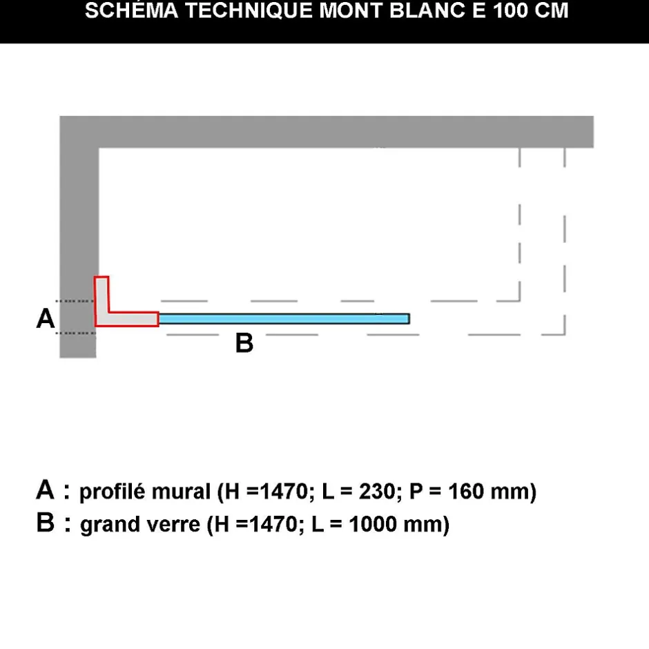 Superban Paroi de baignoire fixe en verre sécurité transparent ép 6mm anti calcaire, L100 x H147 cm, chrome, Mont Blanc E