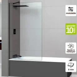 Superban Paroi de baignoire fixe en verre sécurité transparent ép 8mm anti calcaire, L110 x H147 cm, noir mat, Mont Blanc CC* Pare-Baignoire