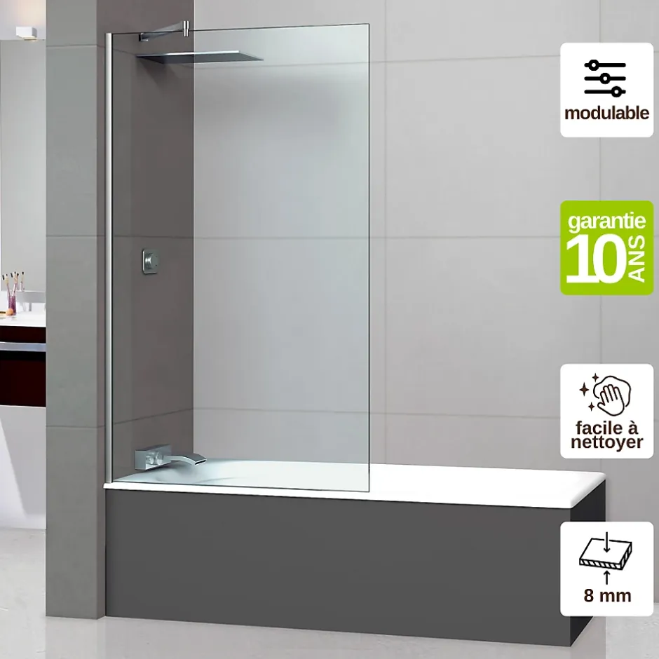 Superban Paroi de baignoire fixe en verre sécurité transparent ép 8mm anti calcaire, L120 x H147 cm, chrome, Mont Blanc CC* Pare-Baignoire
