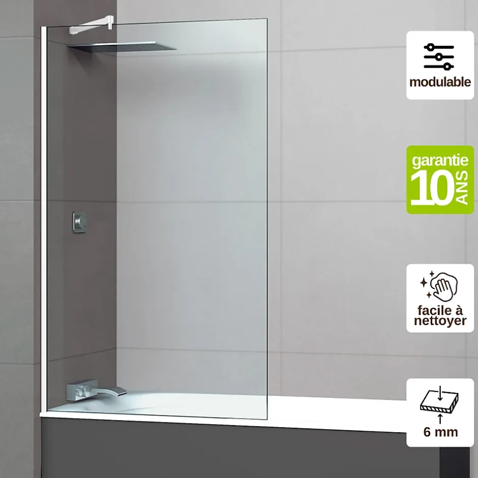 Superban Paroi de baignoire fixe en verre sécurité transparent ép 6mm anti calcaire, L110 x H147 cm, blanc brillant, Mont Blanc CC