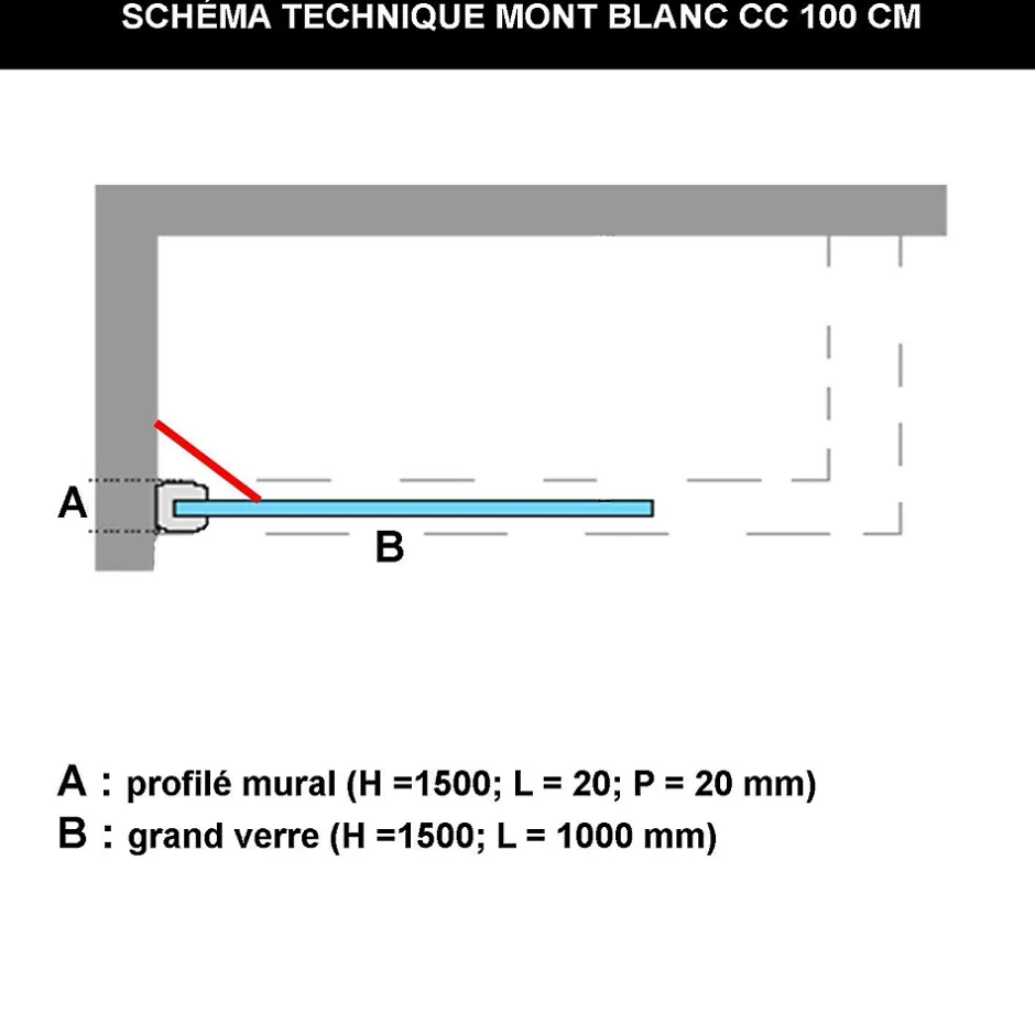 Superban Paroi de baignoire fixe en verre sécurité transparent ép 8mm anti calcaire, L100 x H147 cm, noir mat, Mont Blanc CC
