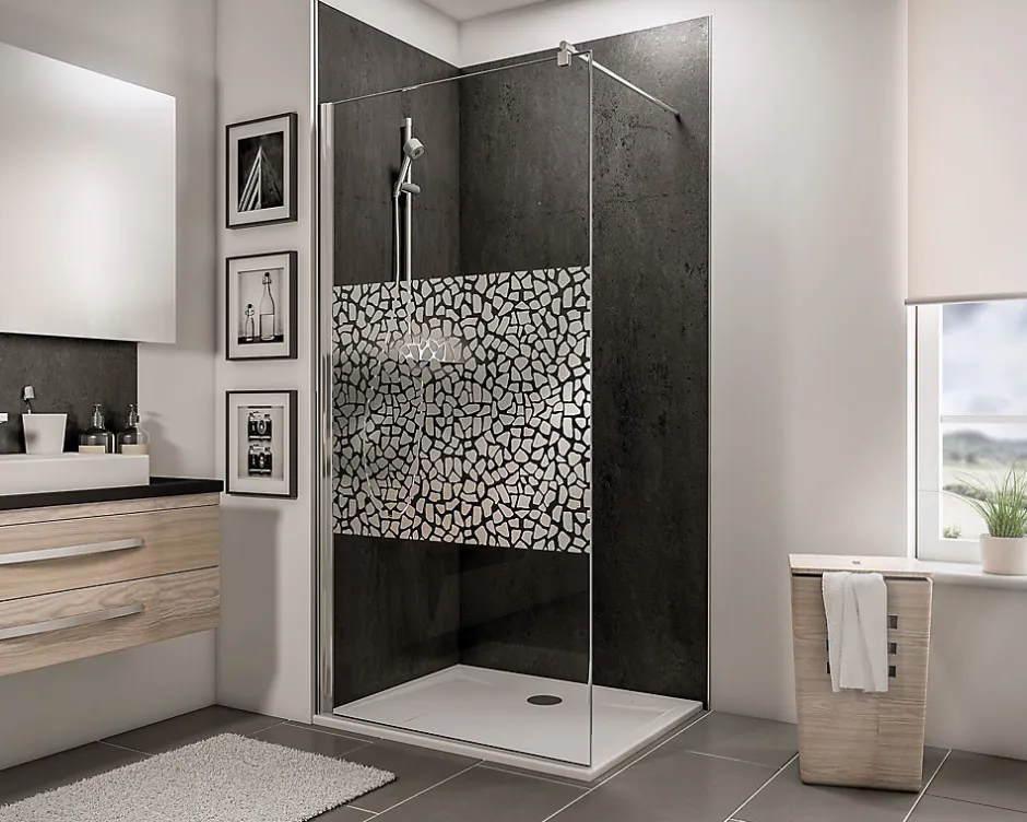 Paroi de douche à l'italienne l.120xH.190cm, Walk In, verre transparent anticalcaire 6mm, décor Galets chromés, profilé chromé, Schulte NewStyle