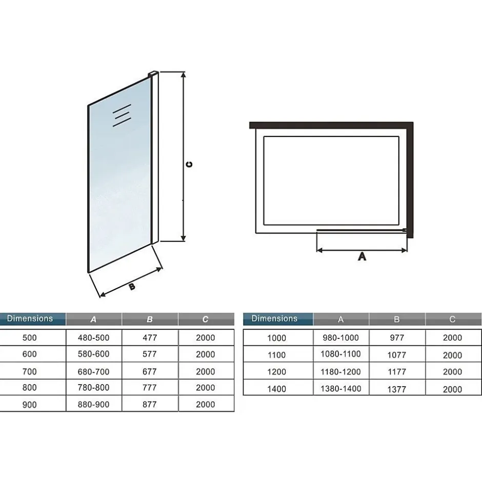 AICA Sanitaire Paroi de douche à l'italienne 90x200cm Modèle Brume, avec barre de stabilisation 73-120cm en carré Paroi latérale fixe* Paroi De Douche