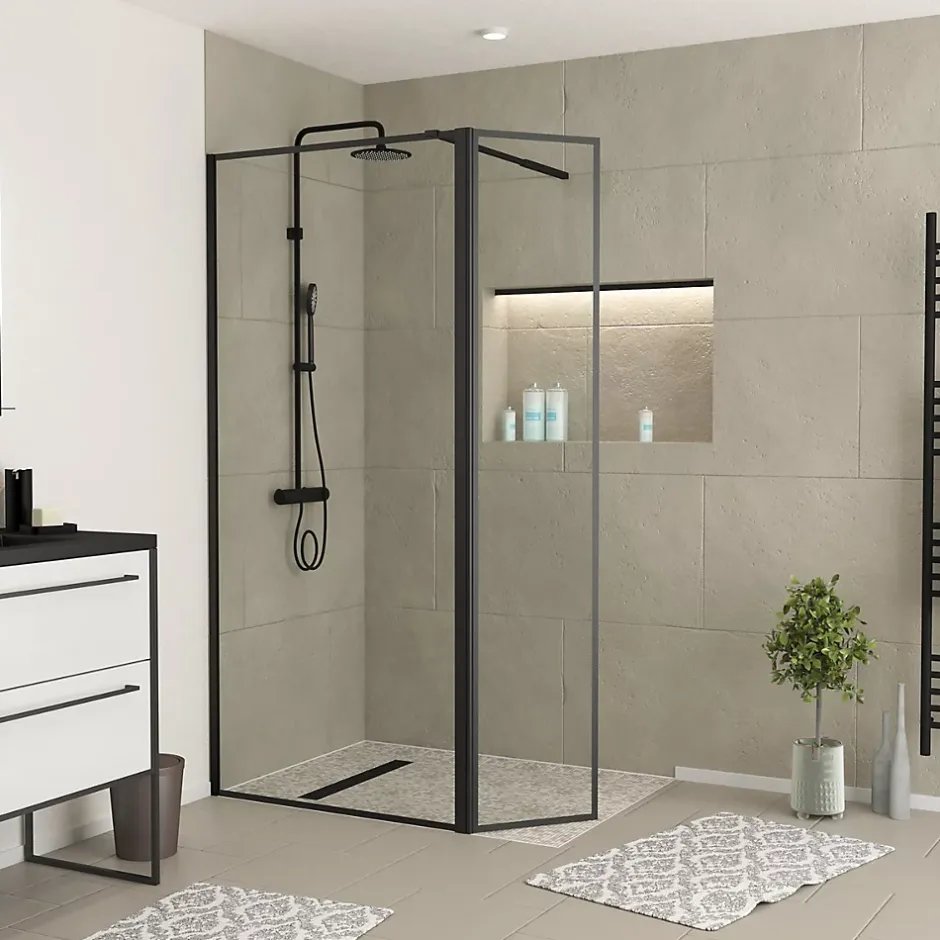 Paroi de douche à l'italienne et volet noir Galedo Dark Edge transparent 90+40cm