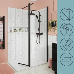 Paroi de douche à l'italienne fixe avec volet l.80+45 x H.195 cm, verre transparent, profilés alu noir, GoodHome Ledava* Paroi De Douche