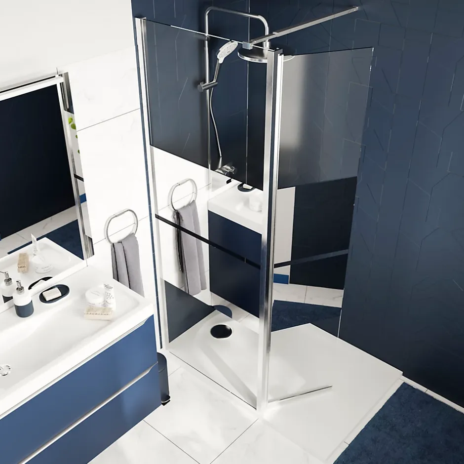 Paroi de douche à l'italienne fixe avec volet l.80+45 x H.195 cm, bandes miroir, profilés alu chrome, GoodHome Ledava* Paroi De Douche