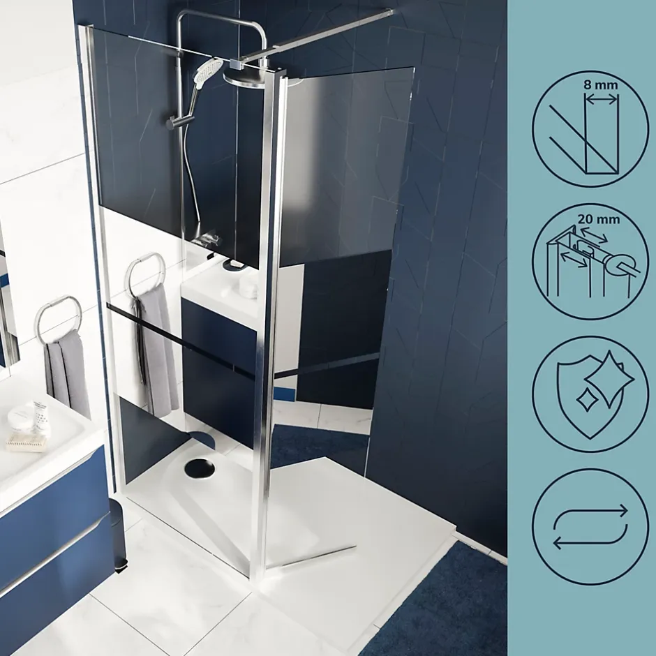 Paroi de douche à l'italienne fixe avec volet l.80+45 x H.195 cm, bandes miroir, profilés alu chrome, GoodHome Ledava* Paroi De Douche