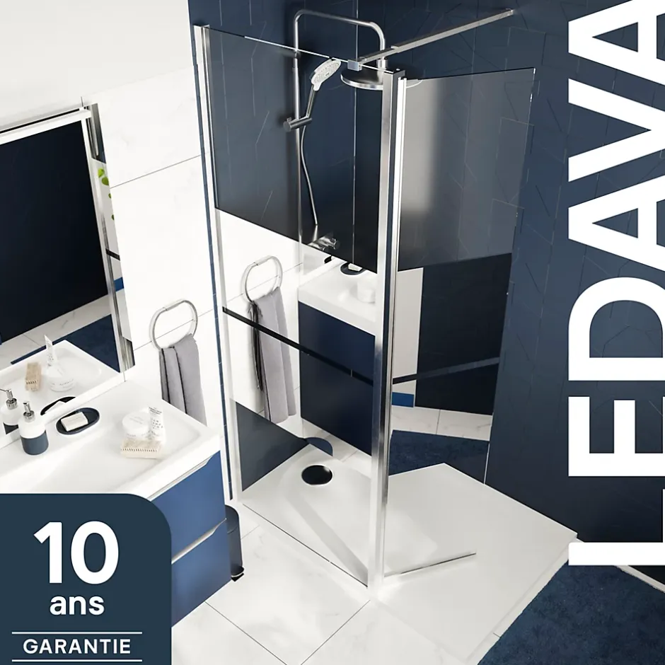 Paroi de douche à l'italienne fixe avec volet l.80+45 x H.195 cm, bandes miroir, profilés alu chrome, GoodHome Ledava* Paroi De Douche