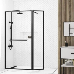 Paroi de douche à l'italienne fixe + volet pivotant 90+40 x 200 cm, noir mat, Galedo Dark Edge Shelf* Paroi De Douche
