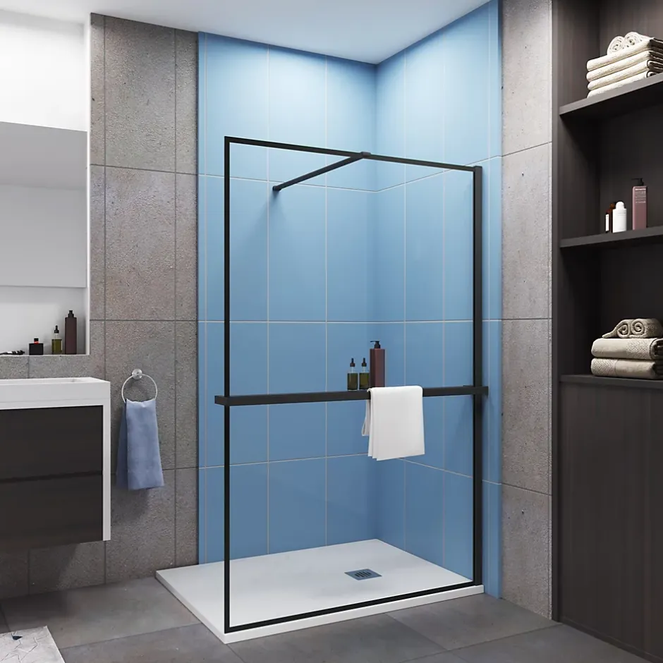 Paroi de douche à l'italienne noir 140x200cm - 8mm verre anticalcaire + Étagère de Douche 140cm + barre de fixation 140cm* Paroi De Douche