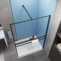 Paroi de douche à l'italienne noir 140x200cm - 8mm verre anticalcaire + Étagère de Douche 140cm + barre de fixation 140cm* Paroi De Douche