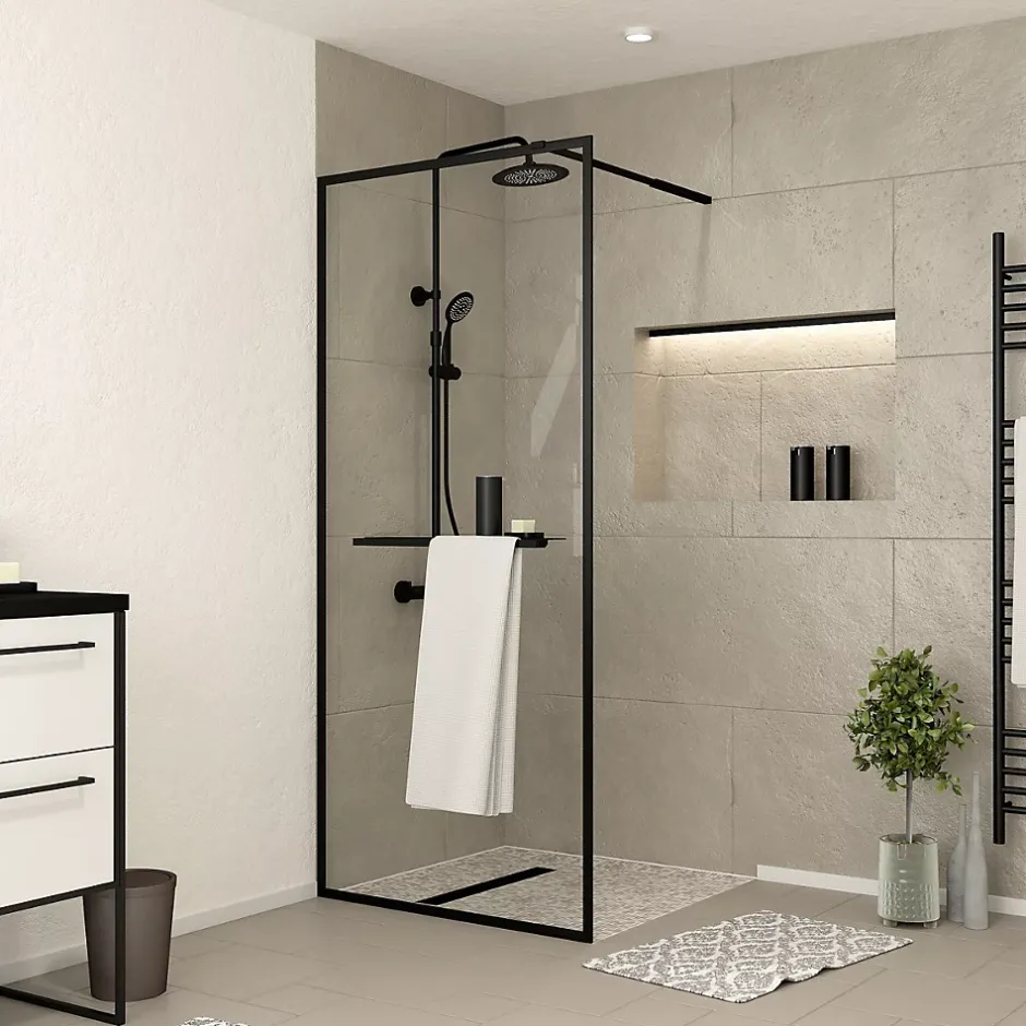 Paroi de douche à l'italienne fixe 100 x 200 cm, noir mat, Galedo Dark Edge Shelf* Paroi De Douche