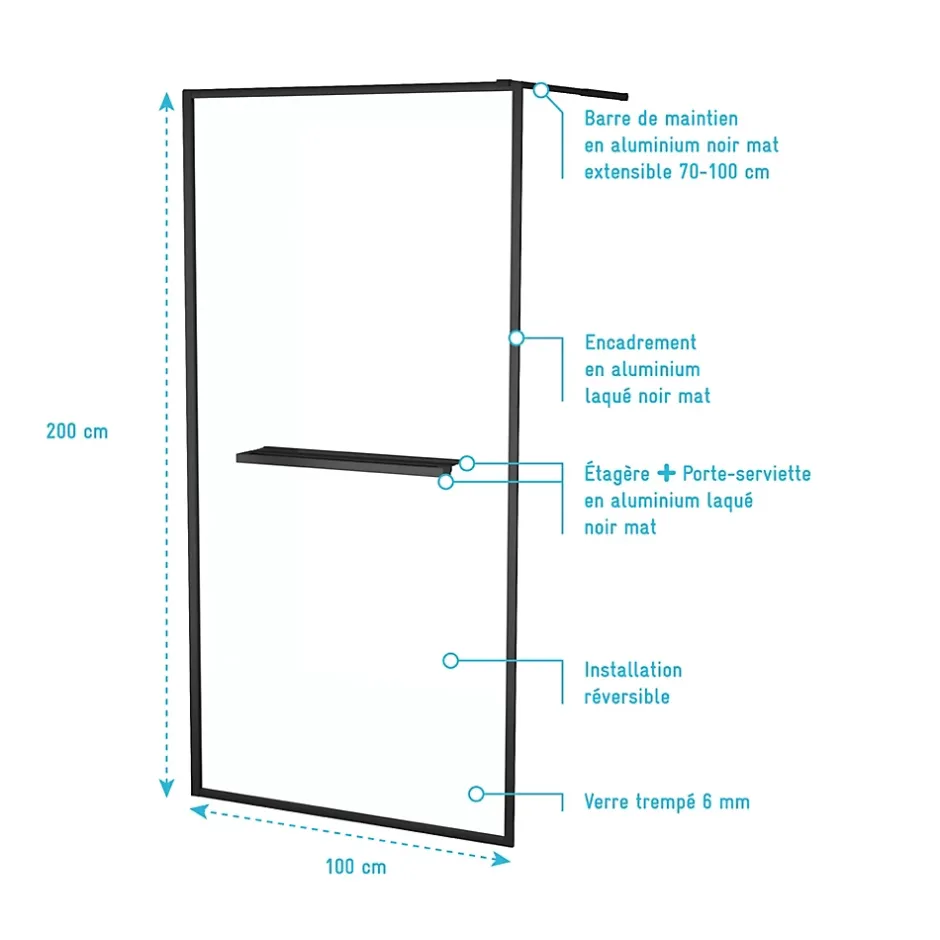Paroi de douche à l'italienne fixe 100 x 200 cm, noir mat, Galedo Dark Edge Shelf* Paroi De Douche