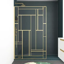 Paroi de douche à l'italienne fixe 120 x 195 cm, motifs géométriques, doré brossé, Galedo Art Deco